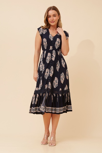 MOROCCO BORDER PRINT MIDI DRESS