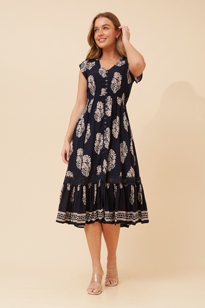 MOROCCO BORDER PRINT MIDI DRESS
