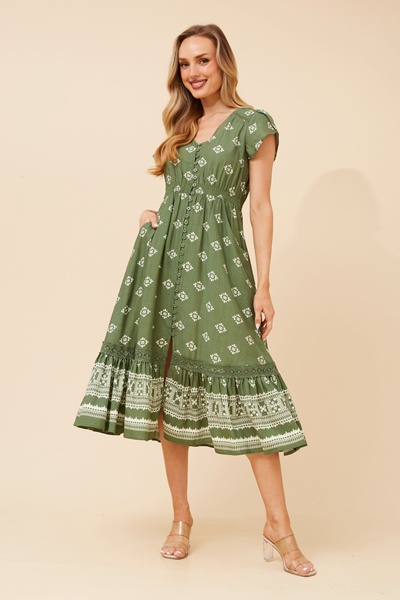 MOROCCO BORDER PRINT MIDI DRESS