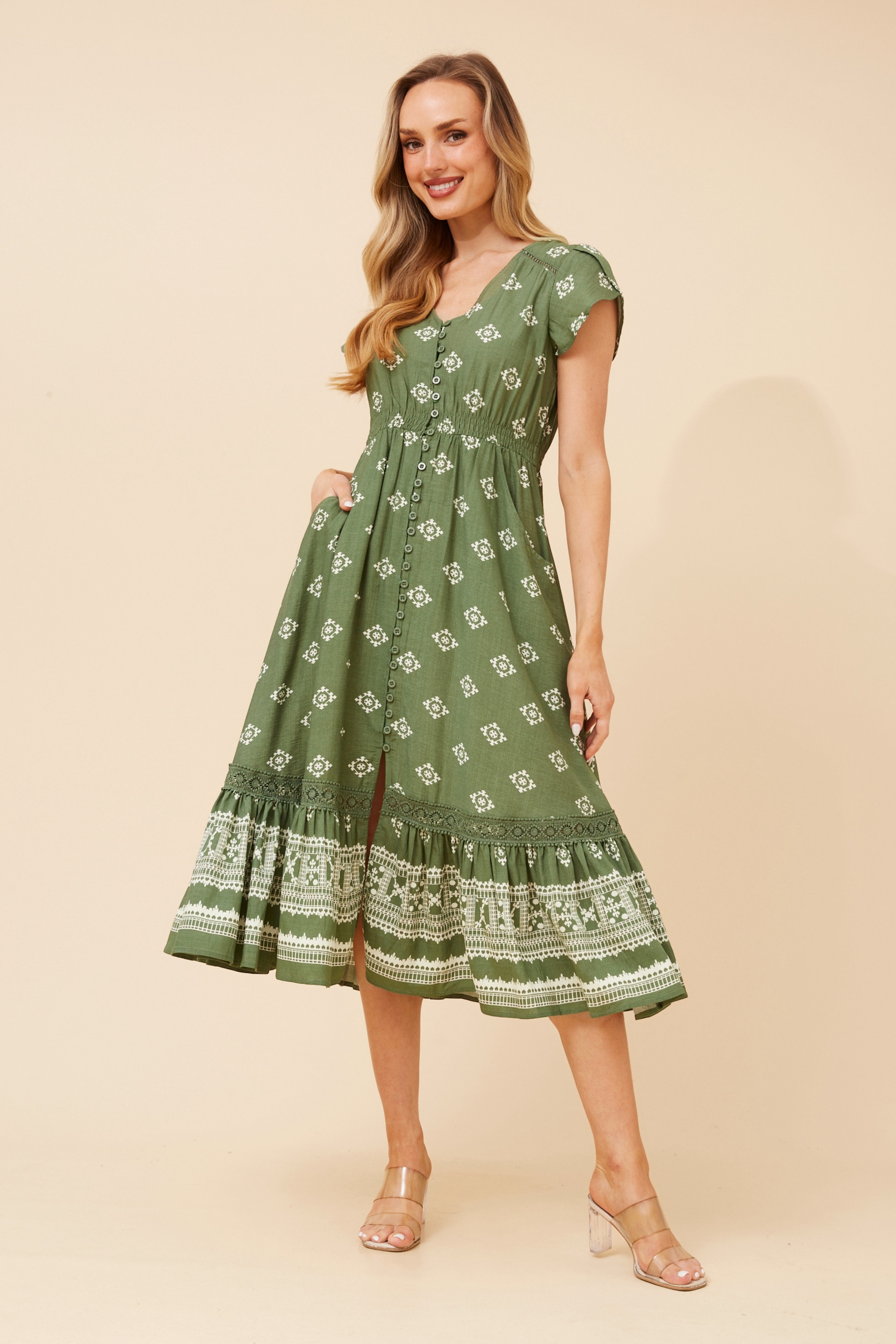 MOROCCO BORDER PRINT MIDI DRESS