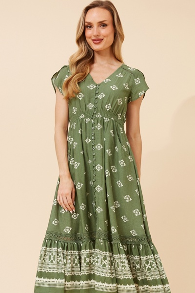 MOROCCO BORDER PRINT MIDI DRESS