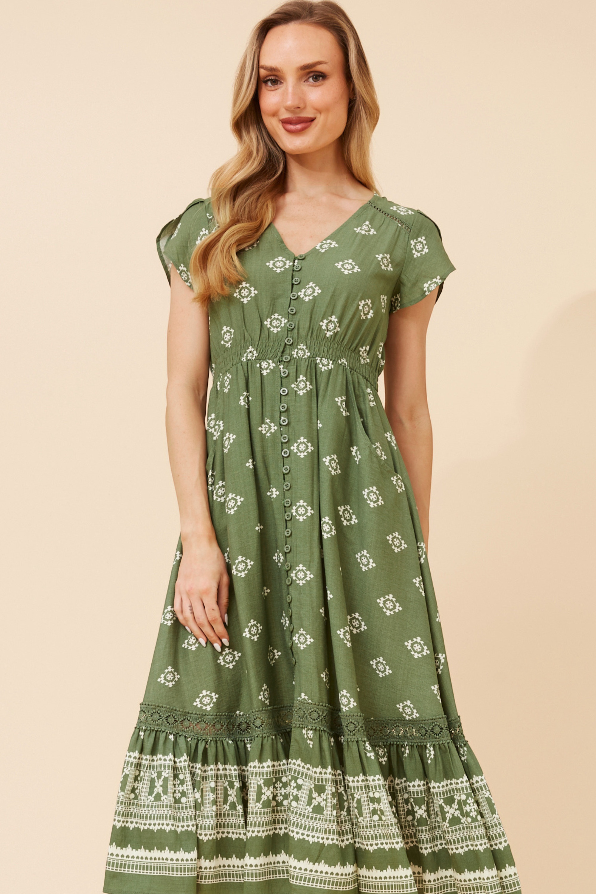 MOROCCO BORDER PRINT MIDI DRESS