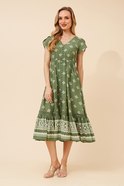 MOROCCO BORDER PRINT MIDI DRESS