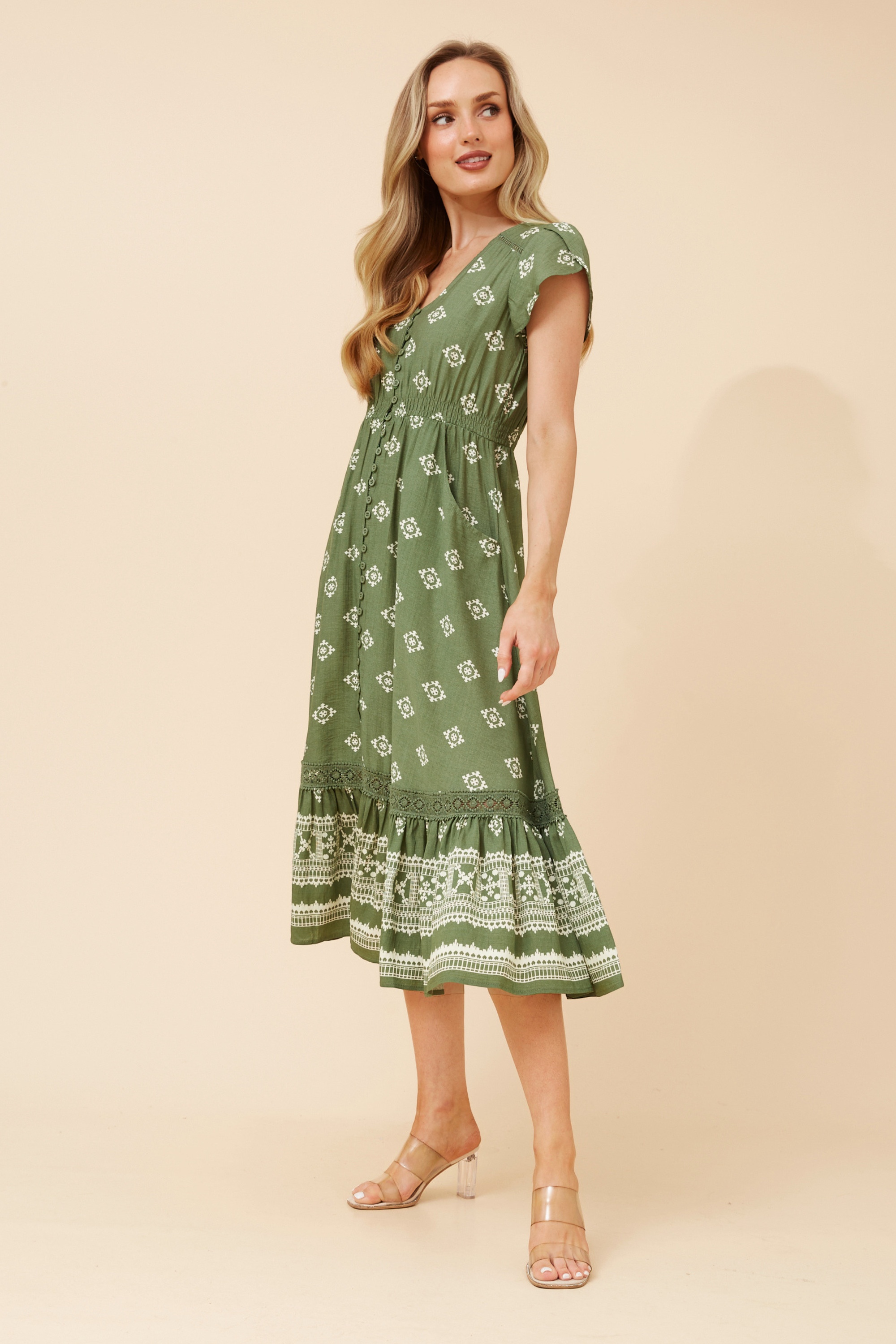 MOROCCO BORDER PRINT MIDI DRESS