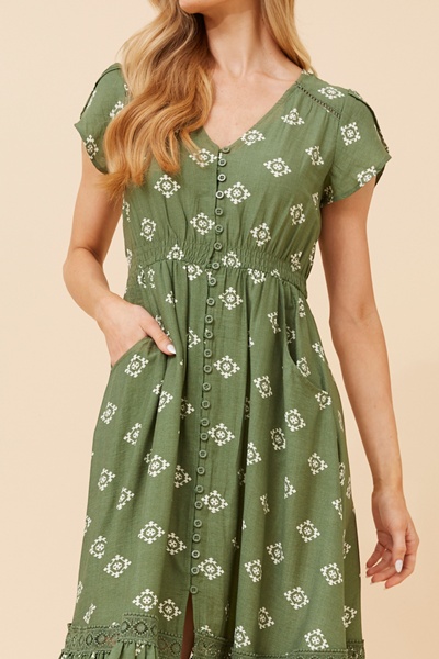 MOROCCO BORDER PRINT MIDI DRESS