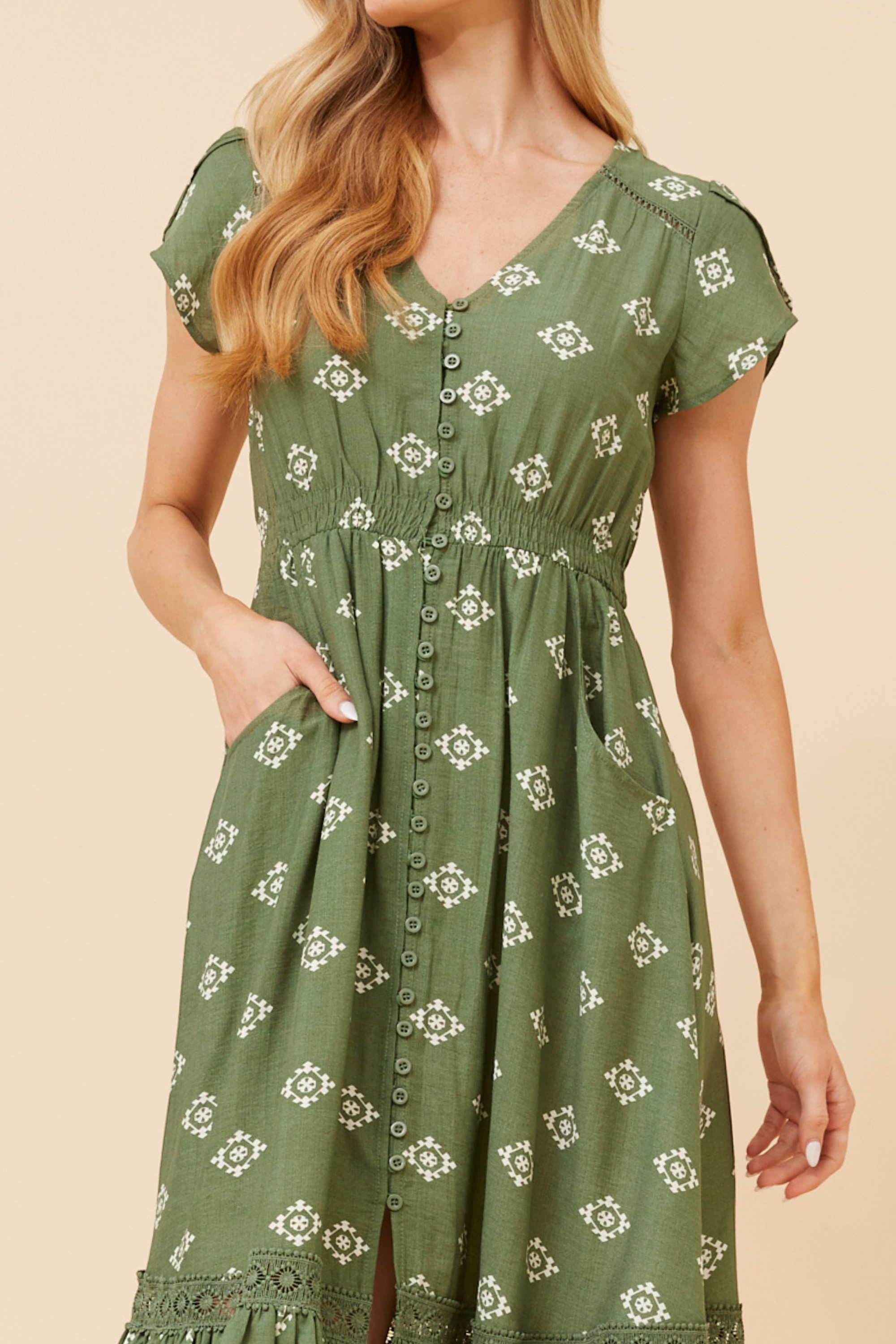 MOROCCO BORDER PRINT MIDI DRESS