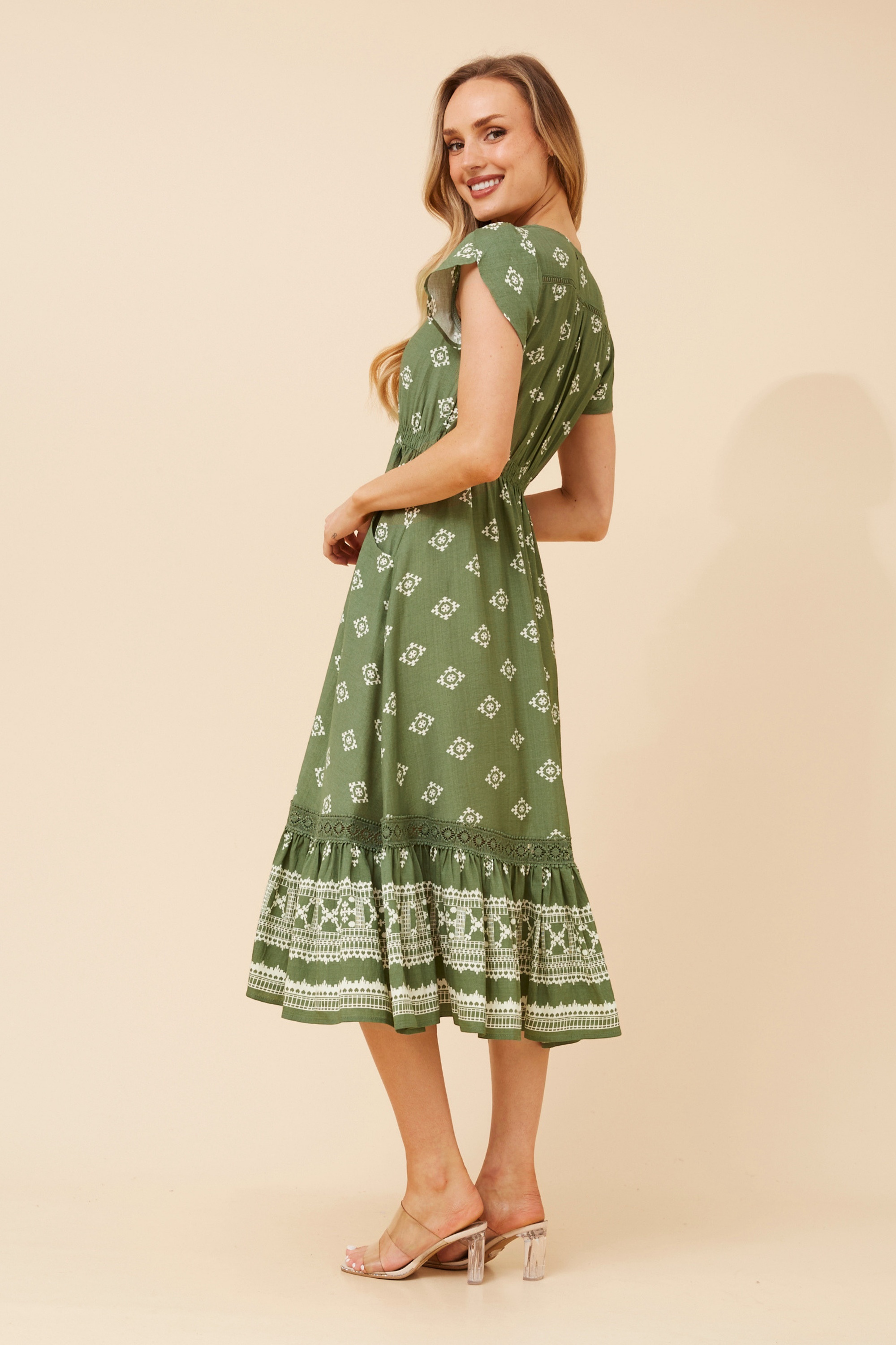 MOROCCO BORDER PRINT MIDI DRESS