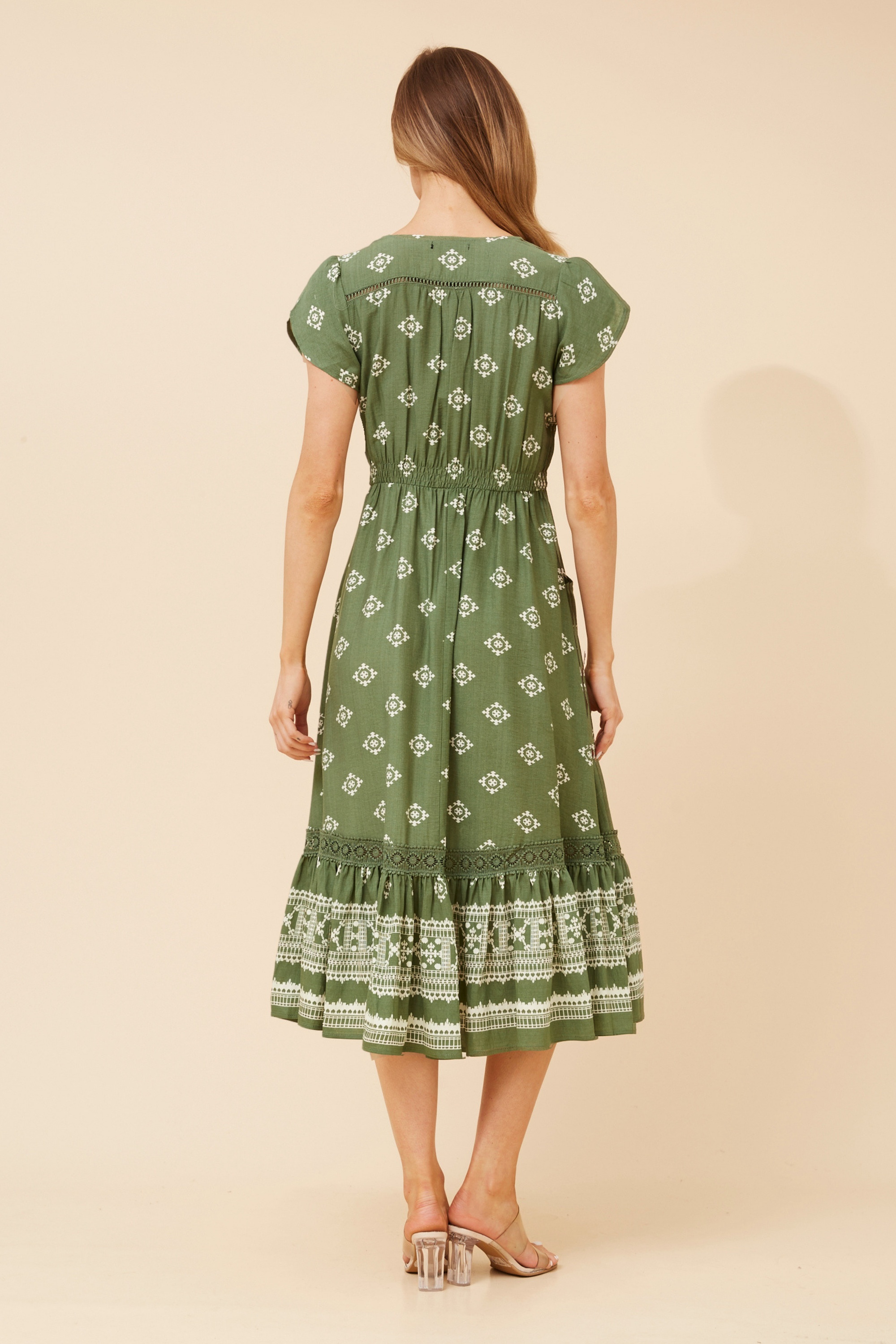 MOROCCO BORDER PRINT MIDI DRESS