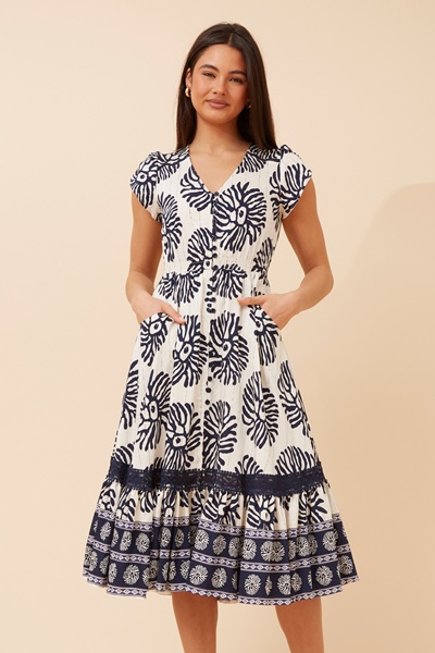 MOROCCO BORDER PRINT MIDI DRESS