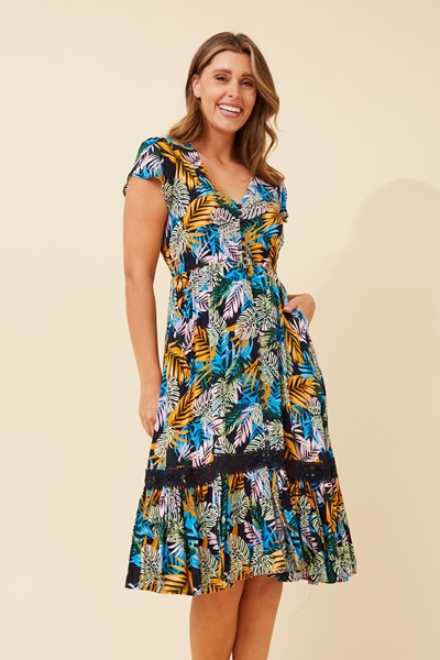 MOROCCO LEAF PRINT MIDI DRESS