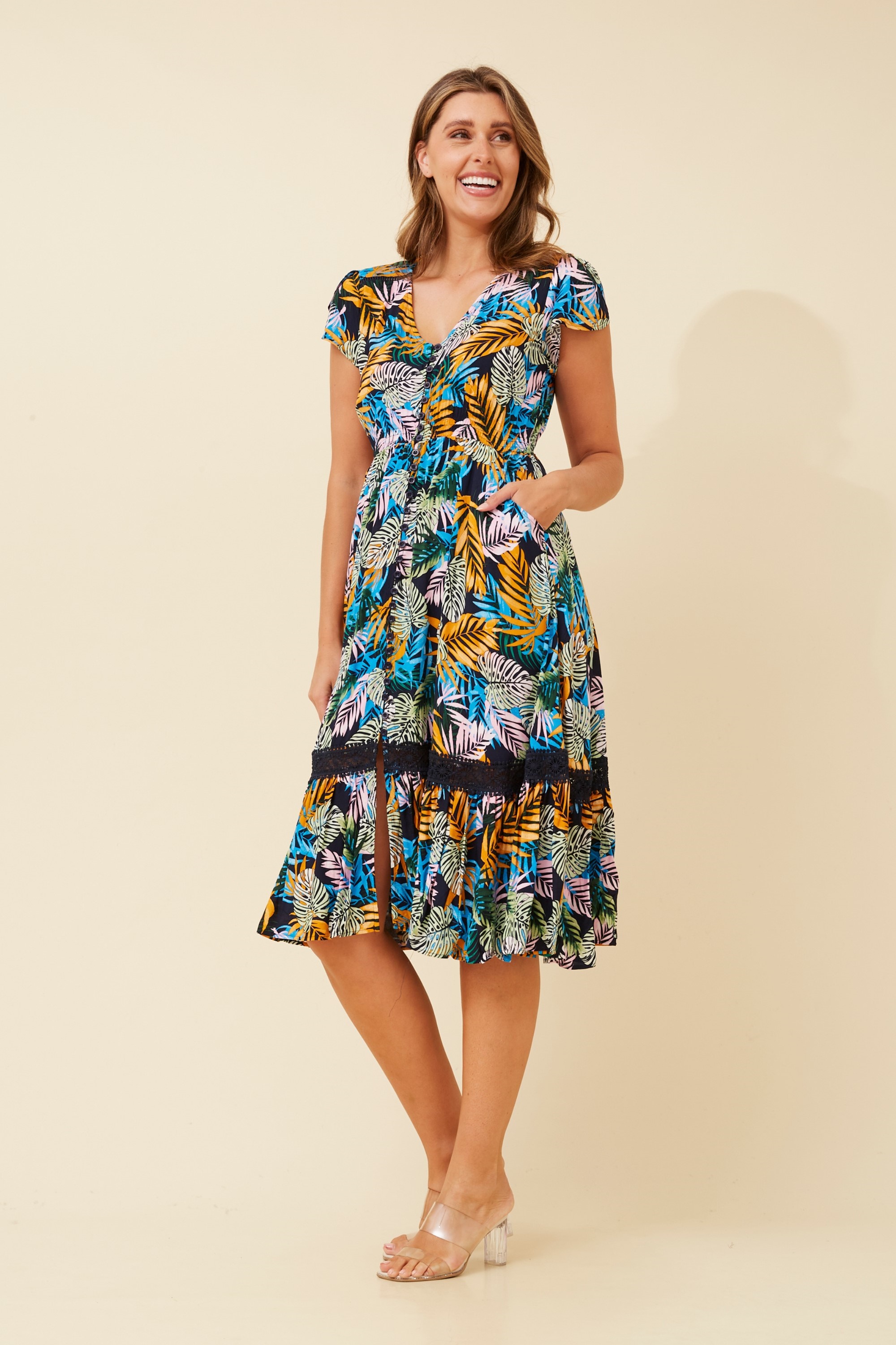 MOROCCO LEAF PRINT MIDI DRESS