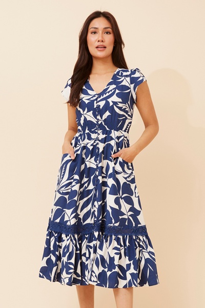 MOROCCO LEAF PRINT MIDI DRESS