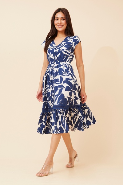 MOROCCO LEAF PRINT MIDI DRESS