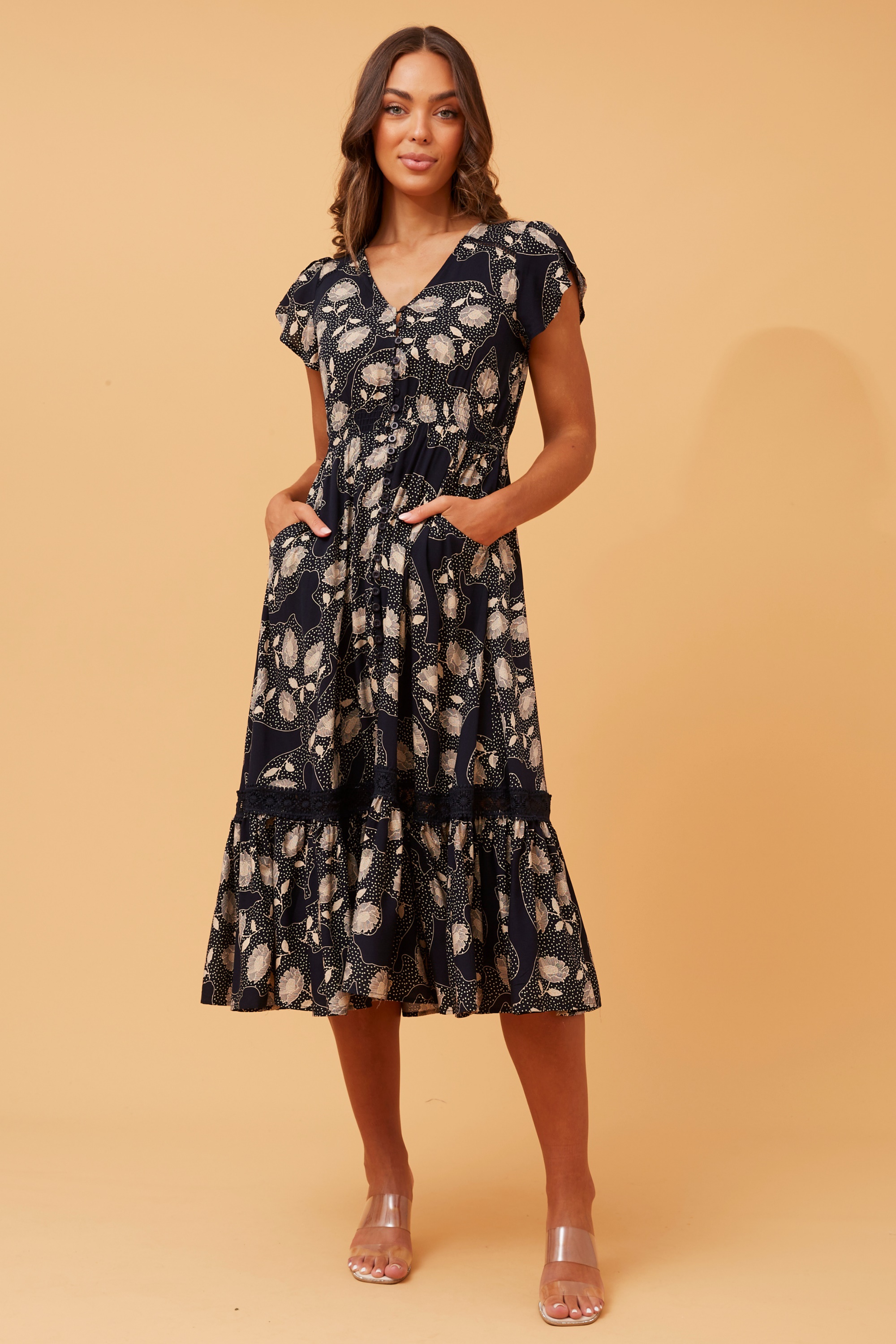 Coco print pleat 2024 trapeze midi dress