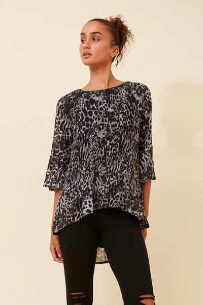 NANCY PLEATED ANIMAL PRINT TOP