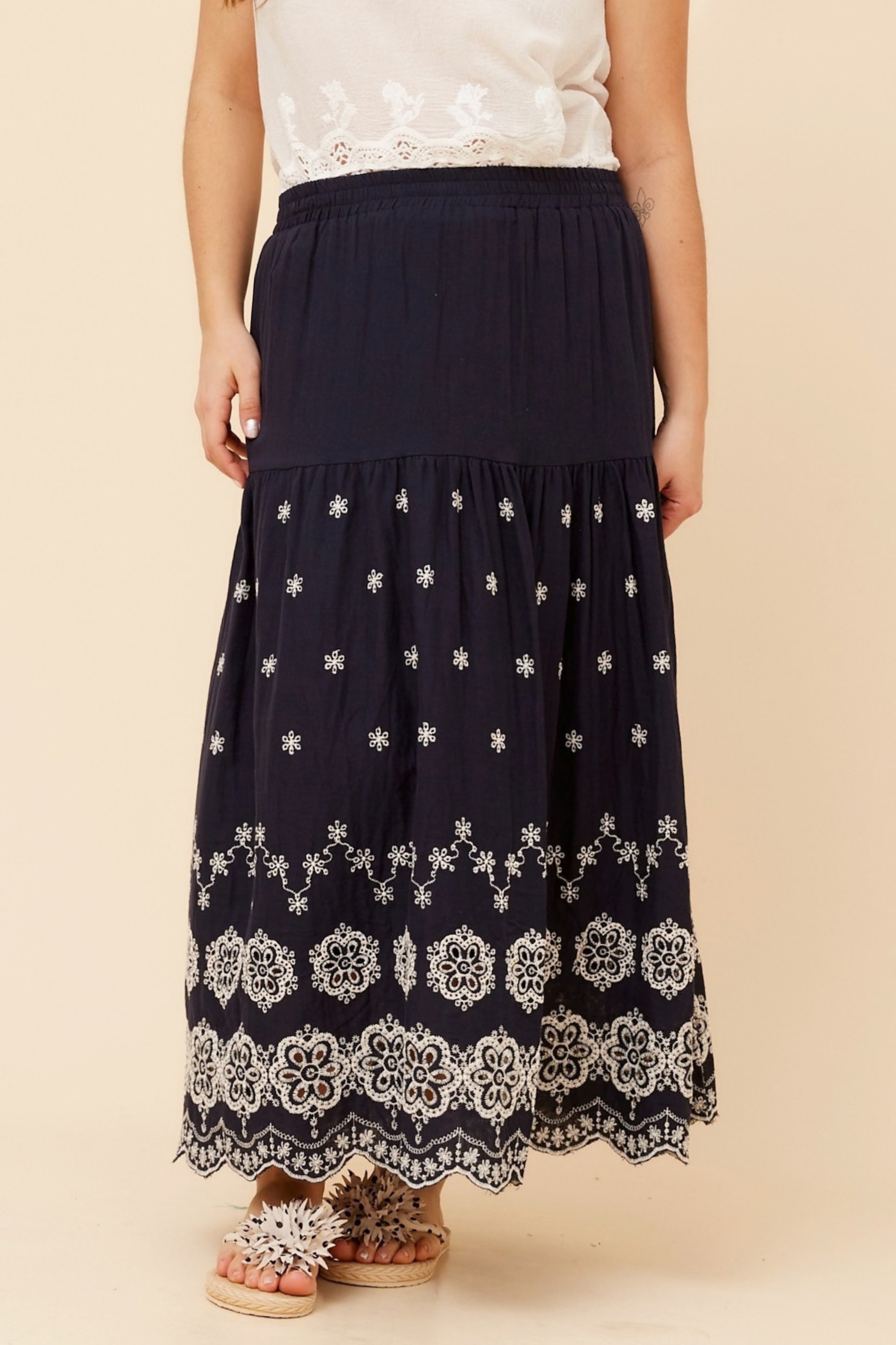 ODELA EMBROIDERED MIDI SKIRT