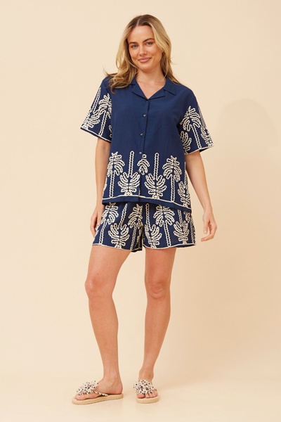 OMYA PALM TREE EMBROIDERED TOP