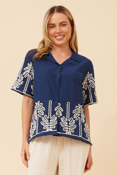OMYA PALM TREE EMBROIDERED TOP