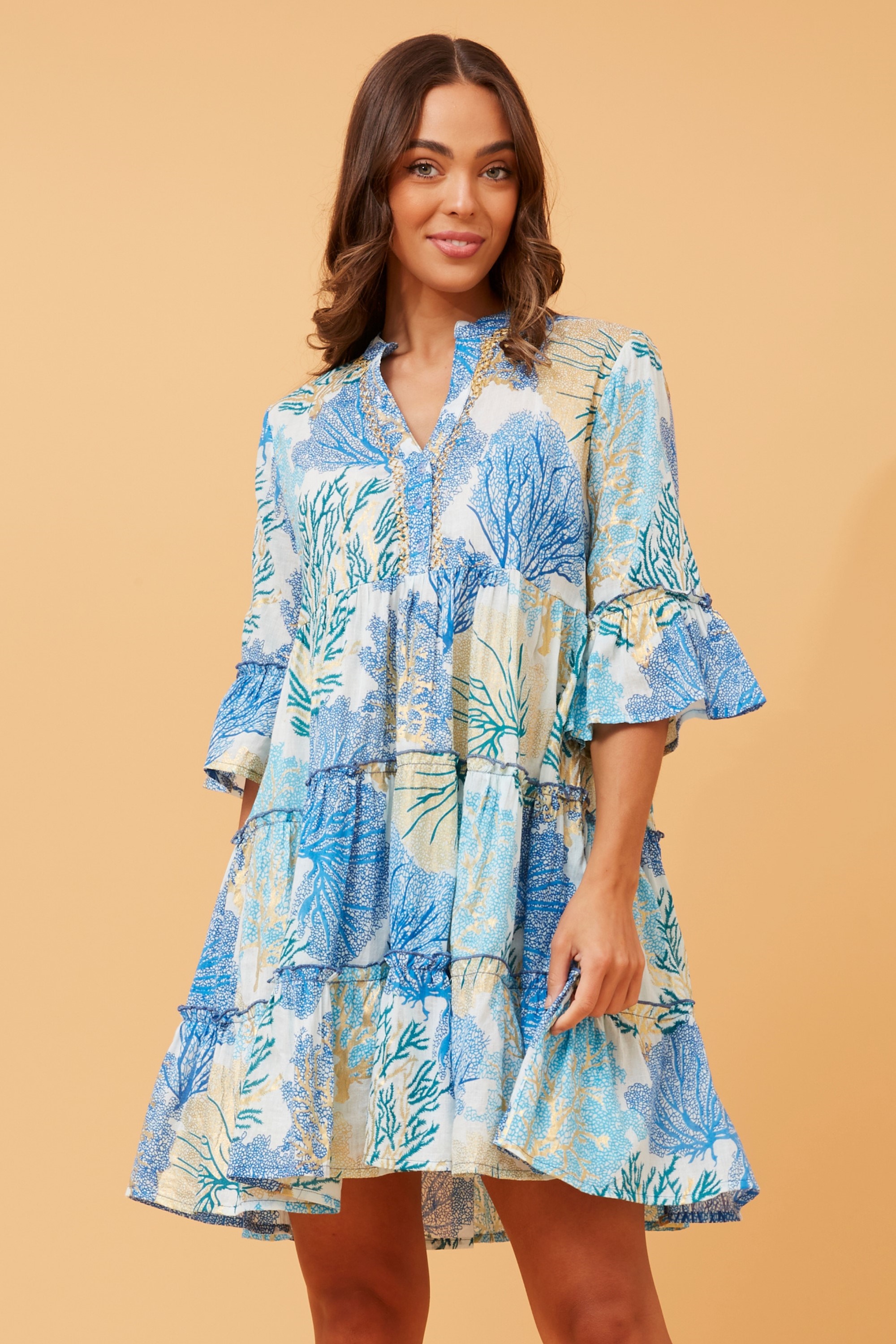Parvin foil print tiered dress, Buy Online