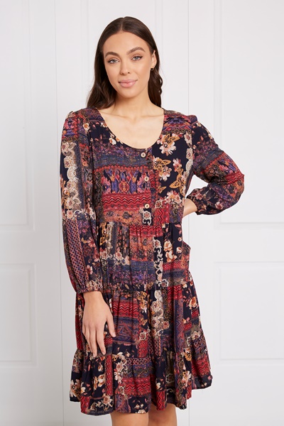 PATCHWORK BOHO PRINT SHORT DRESS