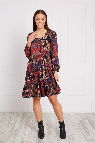 PATCHWORK BOHO PRINT SHORT DRESS