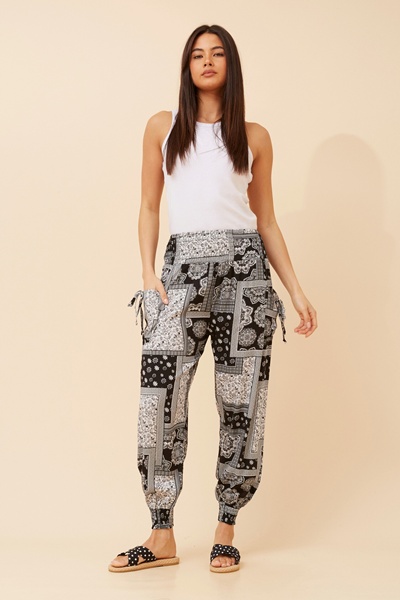 PATCHWORK PRINT HAREM PANTS