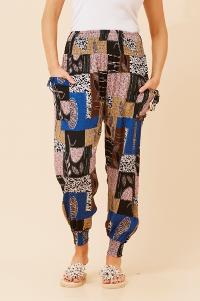 PATCHWORK PRINT HAREM PANTS