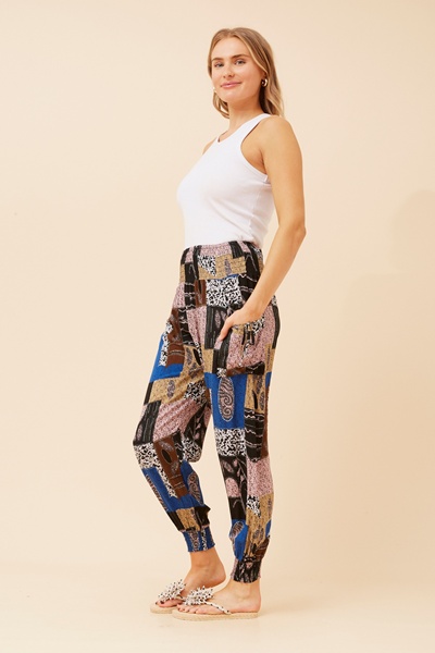 PATCHWORK PRINT HAREM PANTS