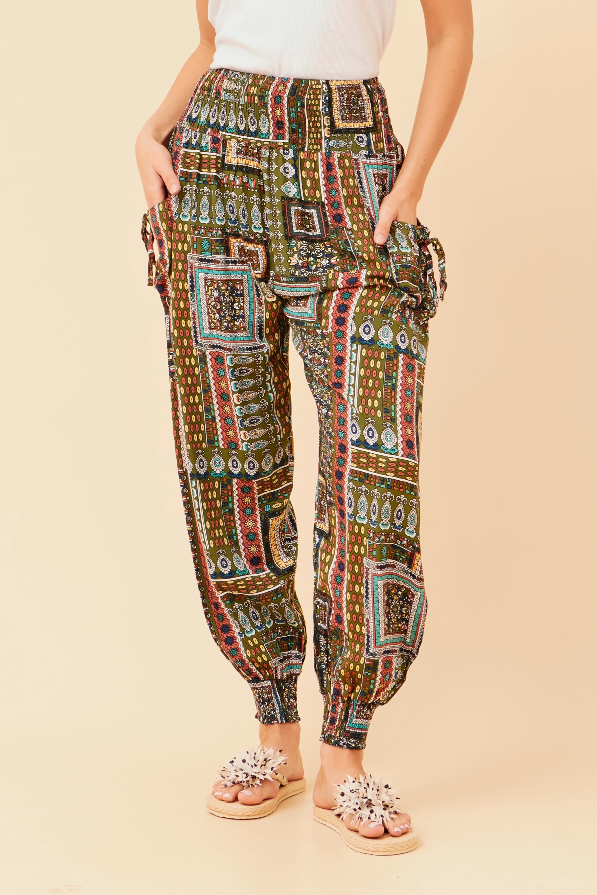 PATCHWORK PRINT HAREM PANTS