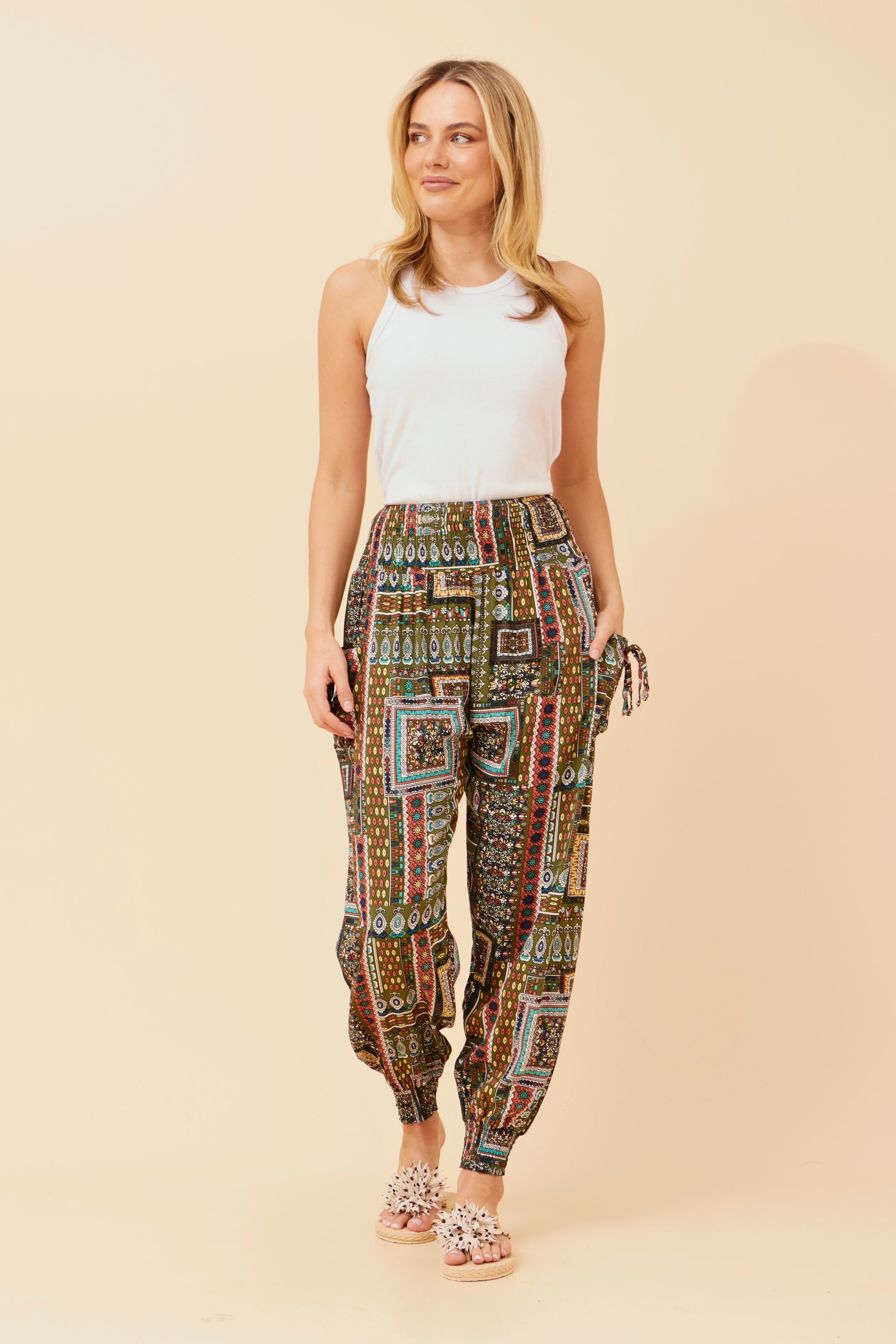 PATCHWORK PRINT HAREM PANTS
