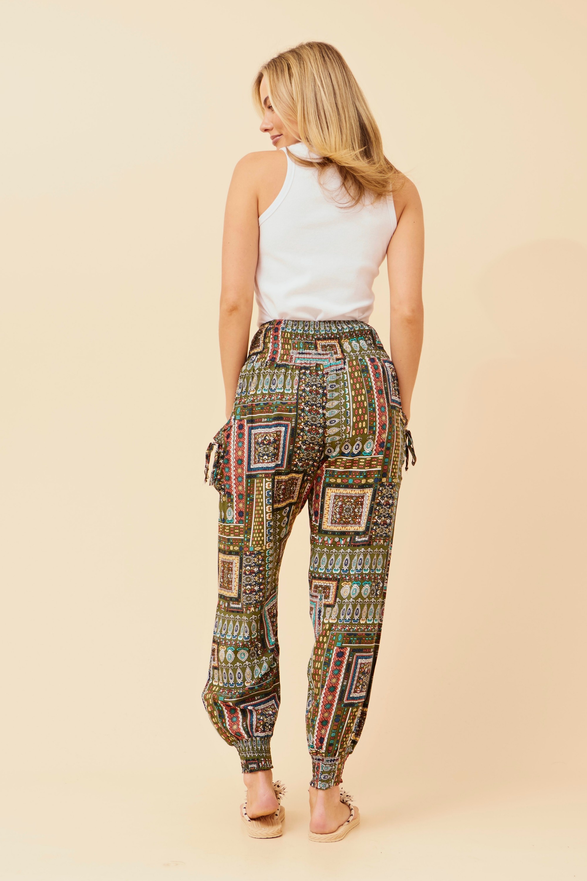 PATCHWORK PRINT HAREM PANTS