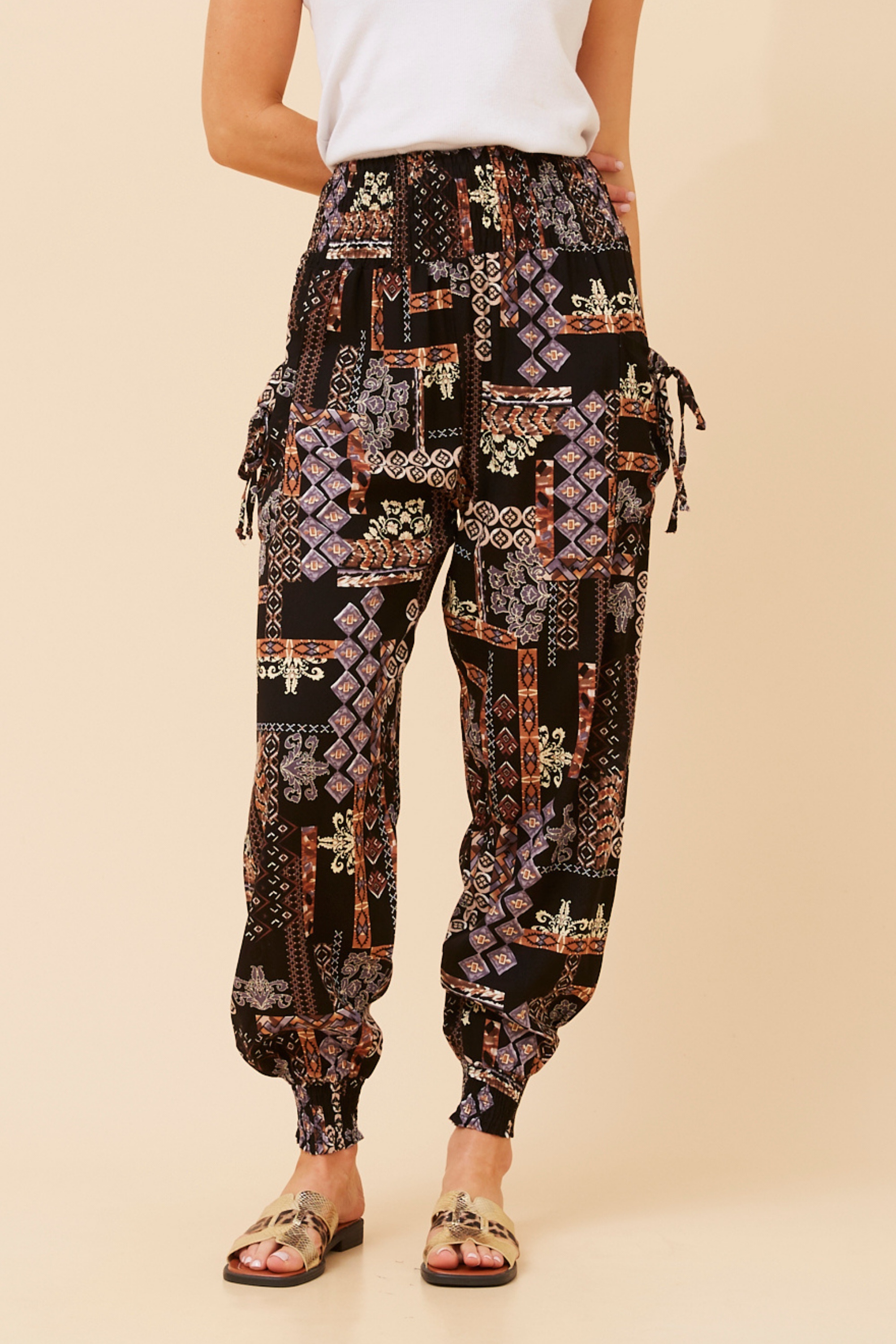 PATCHWORK PRINT HAREM PANTS