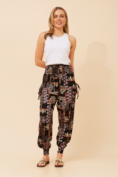 PATCHWORK PRINT HAREM PANTS