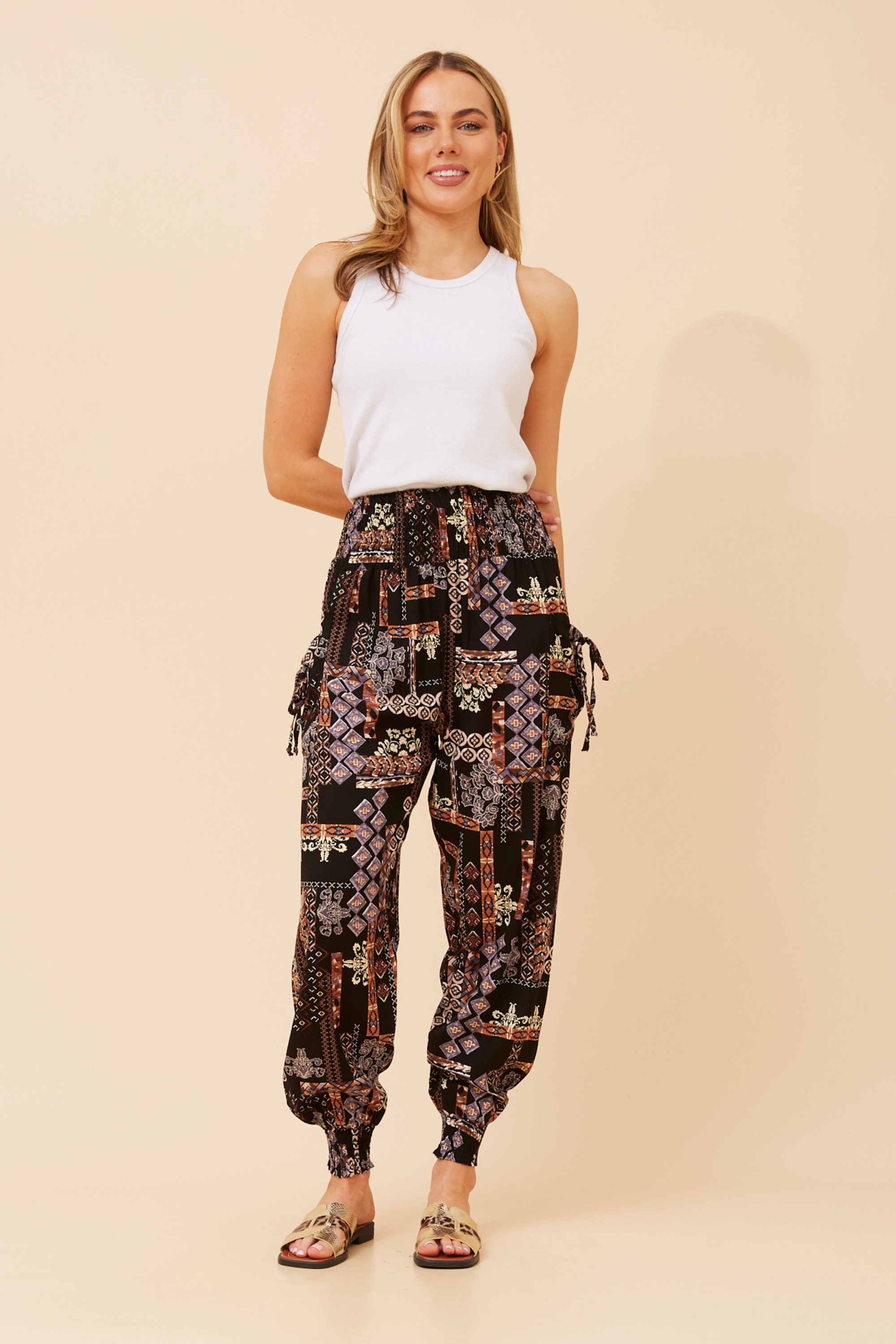 PATCHWORK PRINT HAREM PANTS