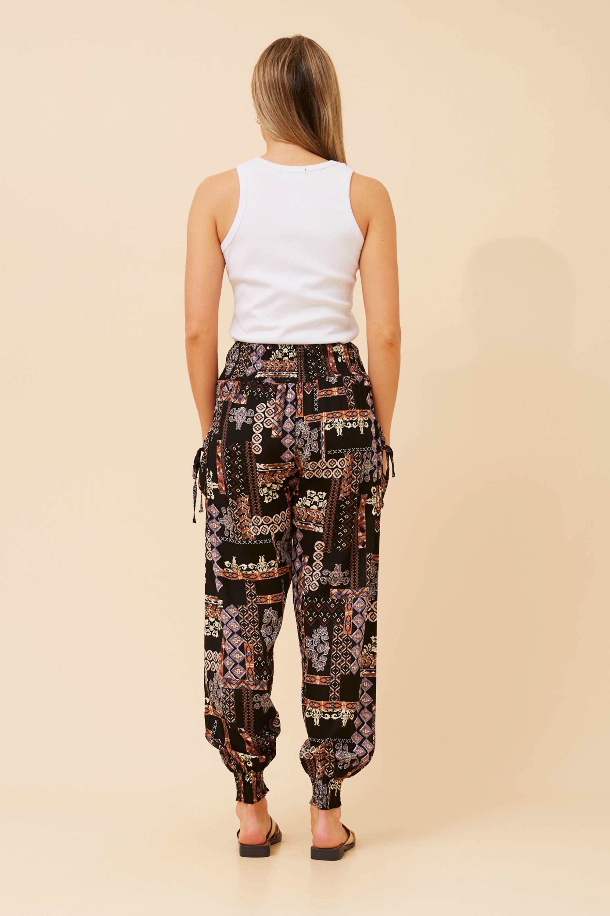 PATCHWORK PRINT HAREM PANTS