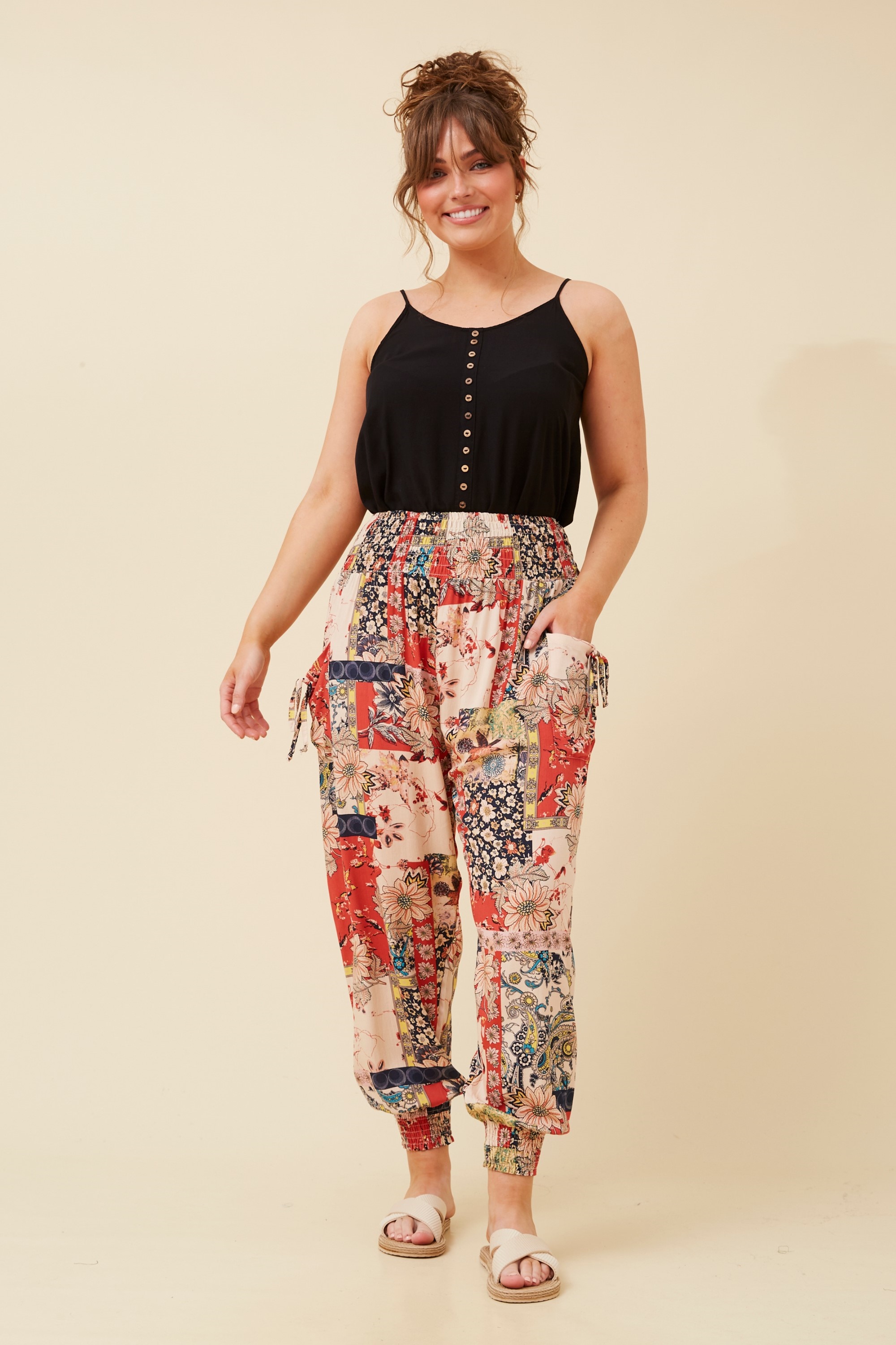 PATCHWORK PRINT HAREM PANTS