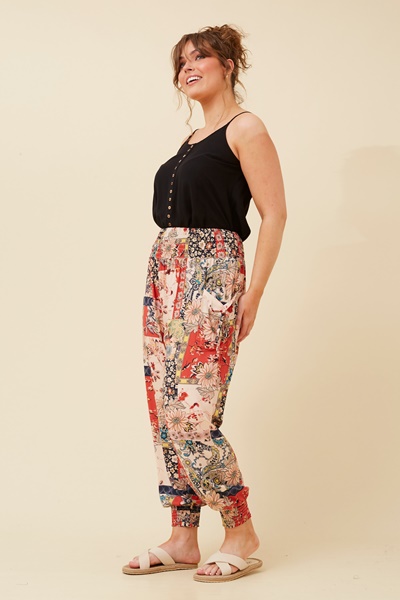 PATCHWORK PRINT HAREM PANTS