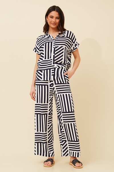 Patchwork stripe printed long pant and cap sleeve shirt set