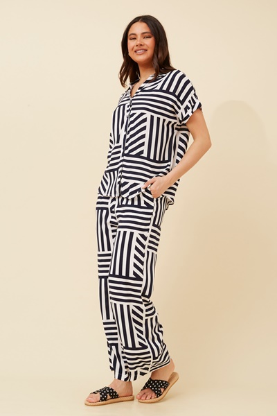 Patchwork stripe printed long pant and cap sleeve shirt set