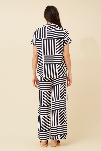 Patchwork stripe printed long pant and cap sleeve shirt set