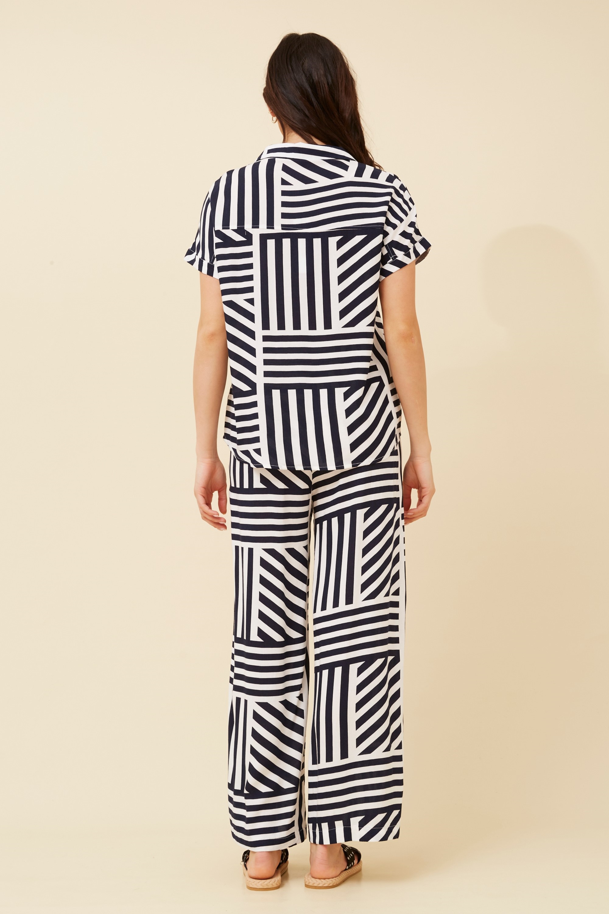 Patchwork stripe printed long pant and cap sleeve shirt set