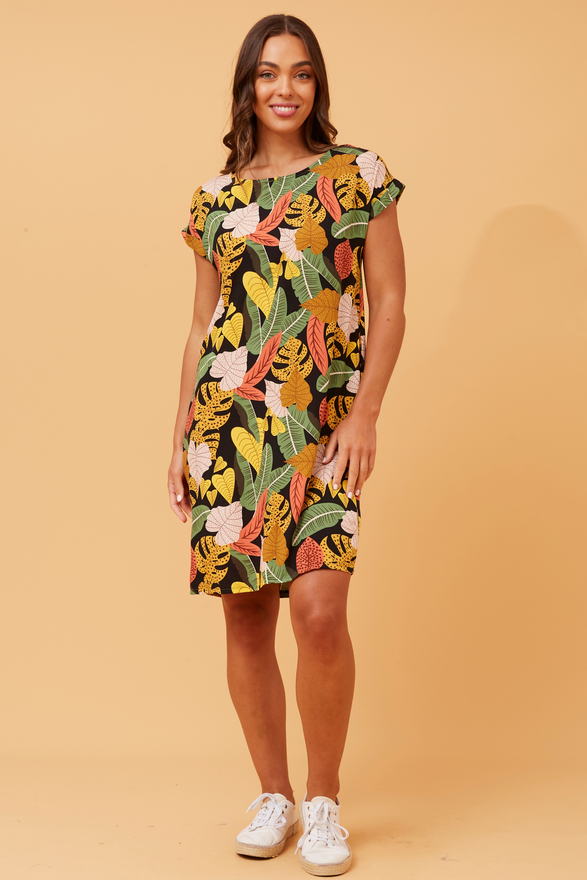 PAULA LEAF PRINT SHIFT DRESS