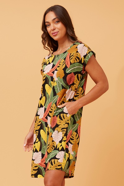 PAULA LEAF PRINT SHIFT DRESS