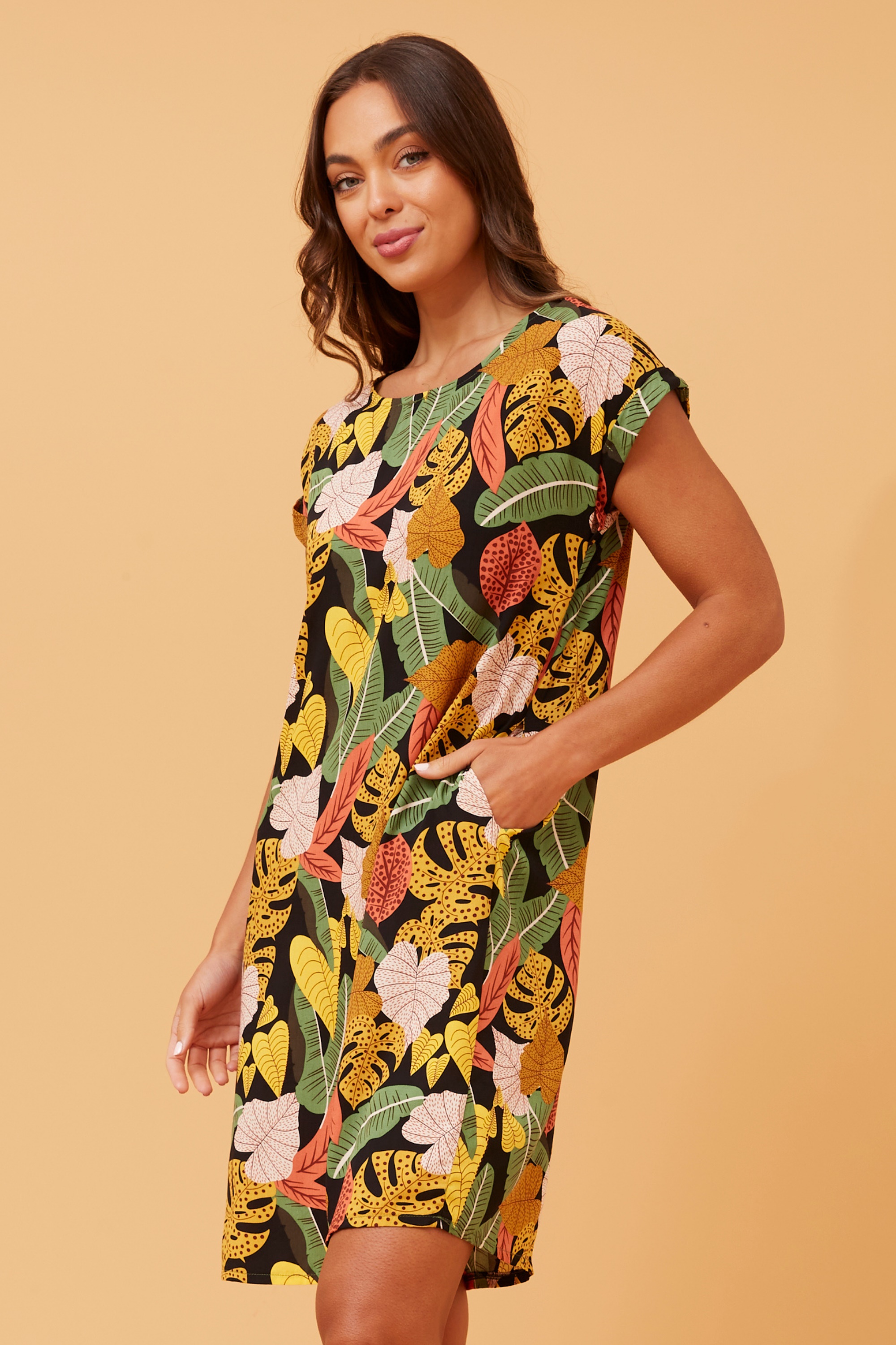 PAULA LEAF PRINT SHIFT DRESS