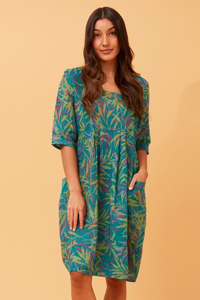 PISA LEAF PRINT LINEN DRESS