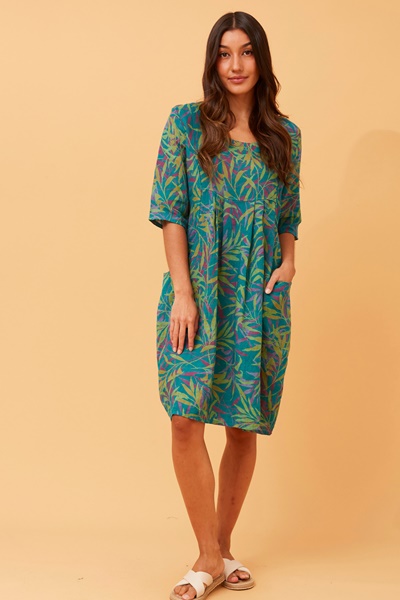 PISA LEAF PRINT LINEN DRESS