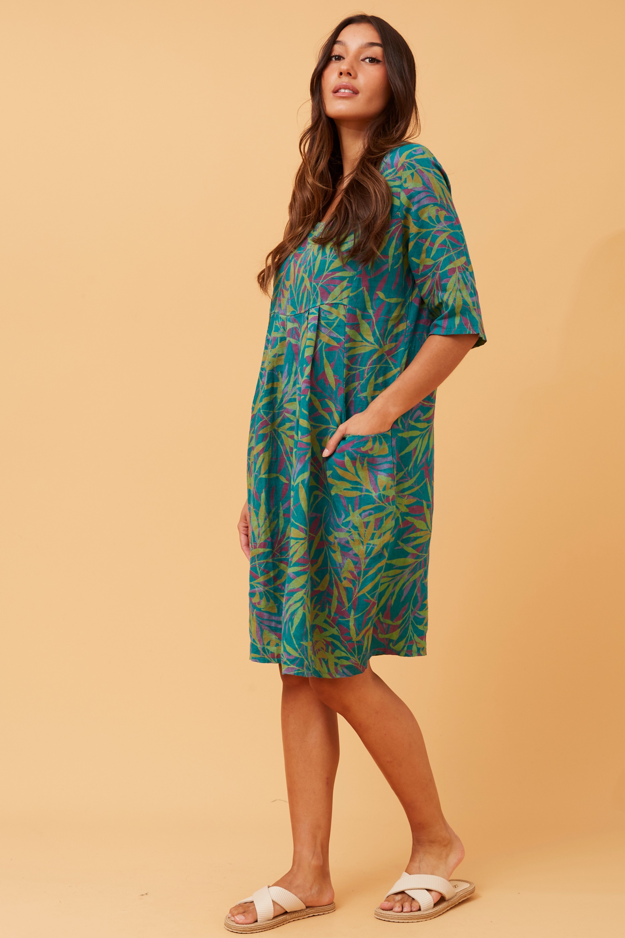 PISA LEAF PRINT LINEN DRESS