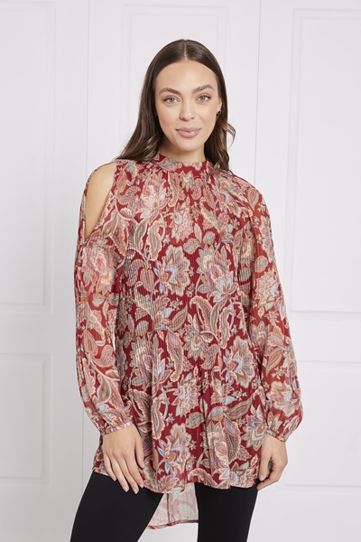 PLEATED PAISLEY FLORAL PRINT BLOUSE