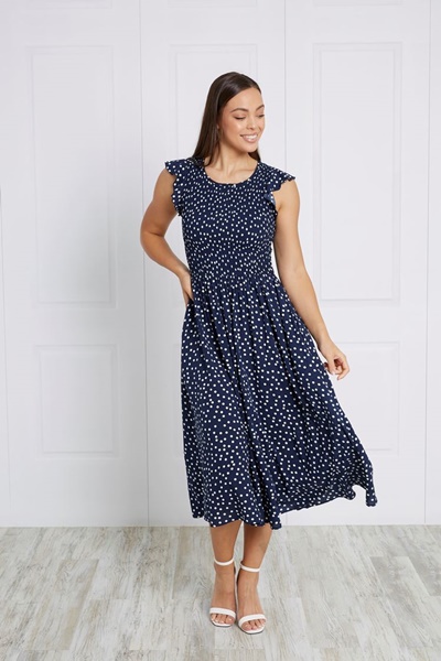 navy and white polka dot midi dress