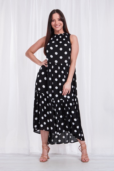 polka dot tiered midi dress